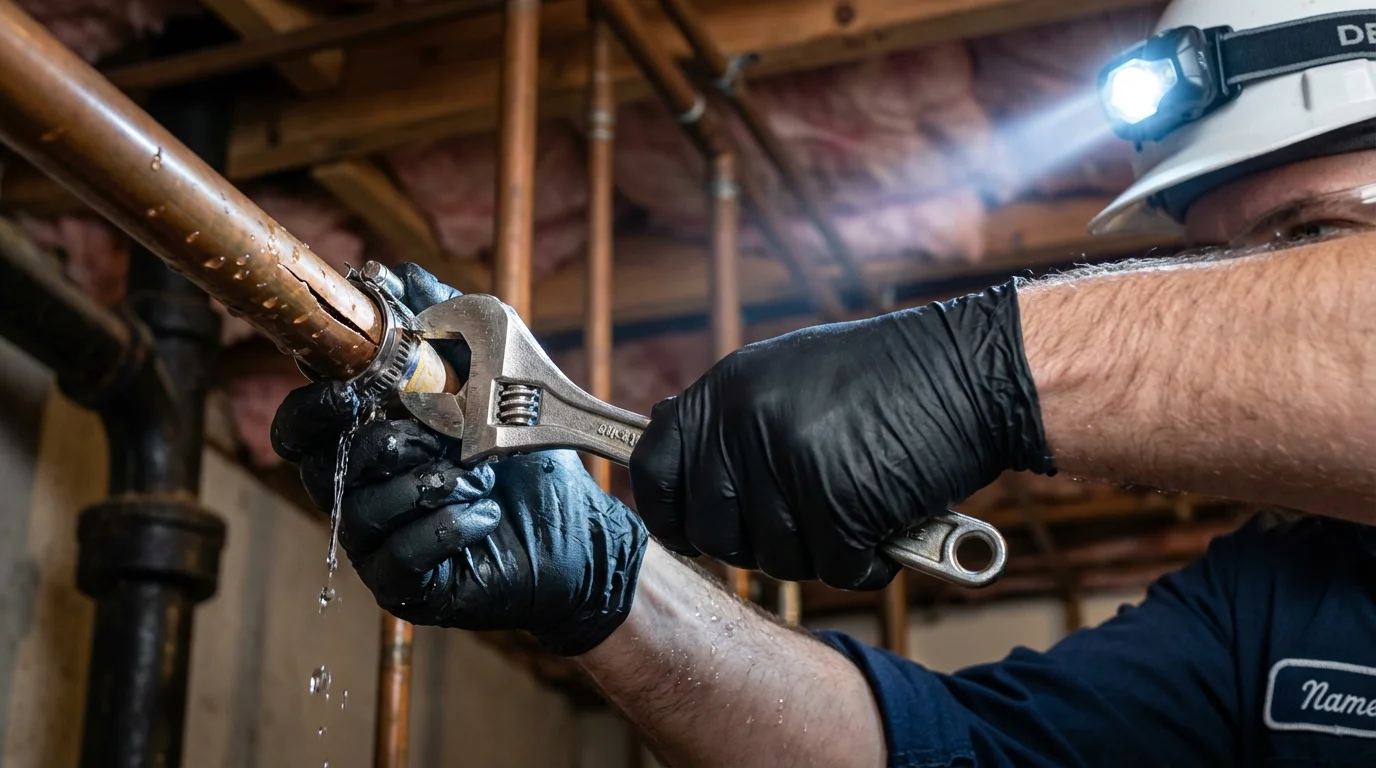 Emergency pipe clamp repair being performed by a Johns Plumbing LLC plumber in Layton