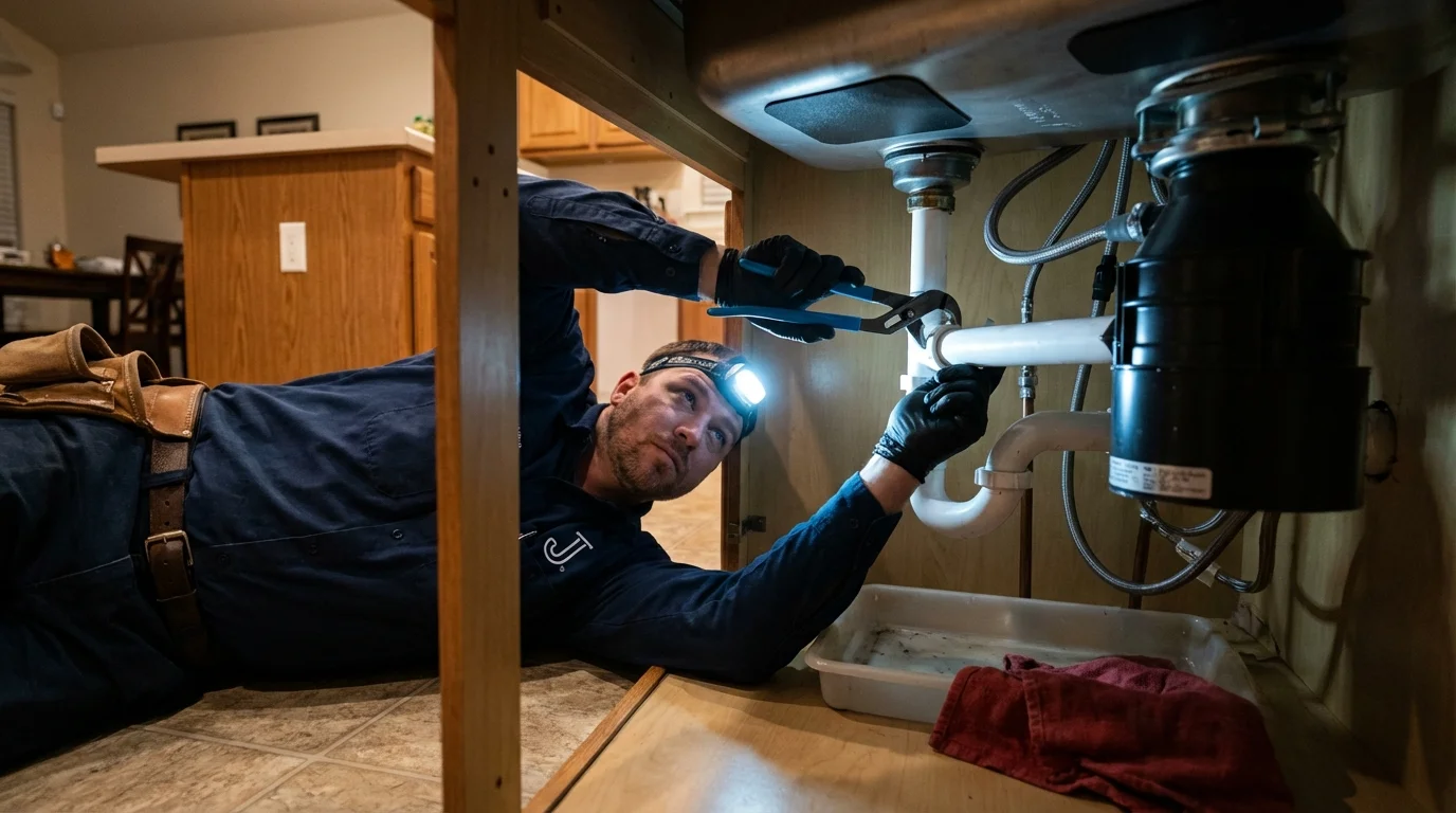 P-trap and supply line connections under a kitchen sink showing a common leak point in Layton, UT